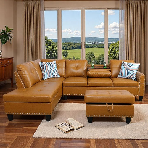 97.5" Yellow L Shaped Couch Set Leather, Modular Sectional Couches by Topcomfy