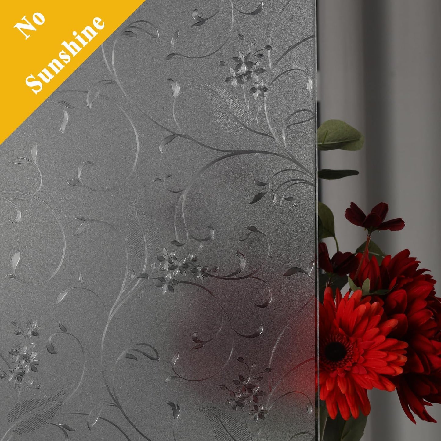 Mikomer Privacy Window Film Etched Flowers Static Cling Glass Door Film, Non Adhesive Heat Control Anti UV Window Cling for Office and Home Decoration,35 inches by 118 inches