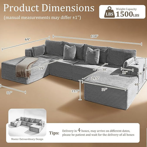 138" Oversized Cloud Sectional Couch, Comfort U Shaped Boneless Couch - Image 2