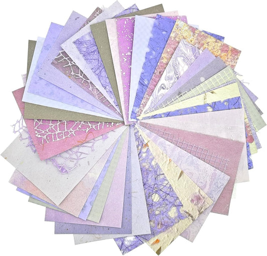 42 Sheets Textured Scrapbook Paper and Mesh Fabric Assorted Set, Junk Journal Supplies Assorted Set, Special Paper for Scrapbooking Materials Card Embellishments 3.9x5.5 Inch (Purple)