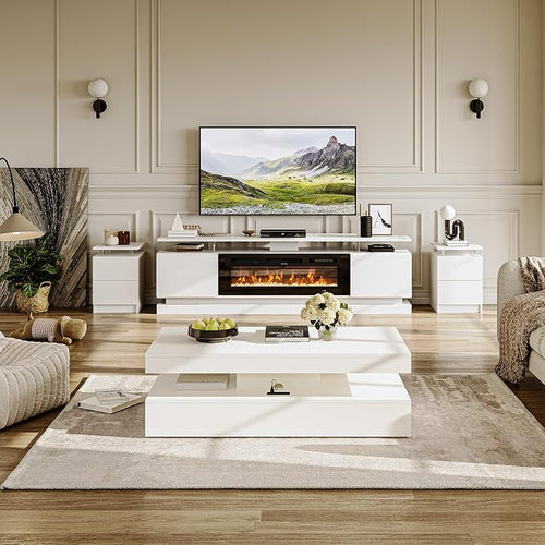 4-Piece Modern Living Room Table Set, Includes High Gloss 70" Fireplace TV Stand - Image 2