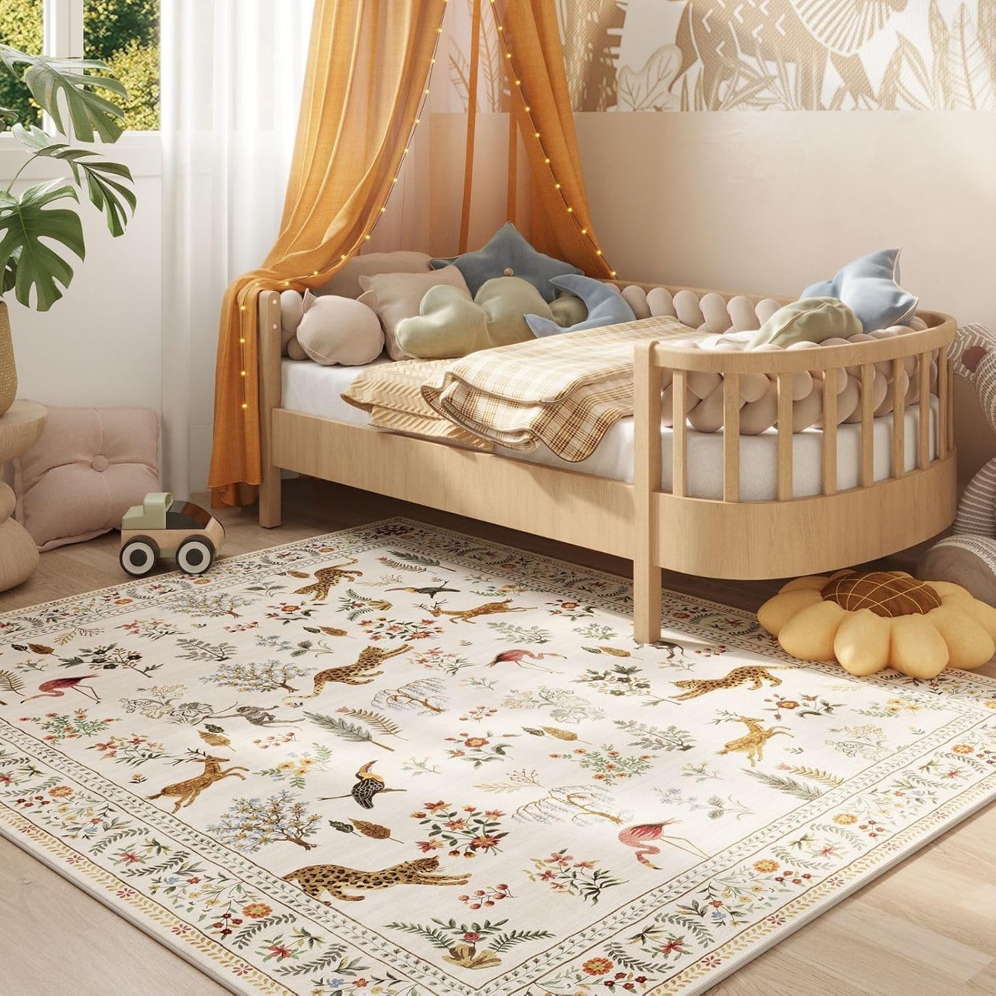 Rugcomf Living Room Rug 6x9 Rug Machine Washable Boho Area Rug Non Slip Floral Animal Vintage Low Pile Large Rug for Living Room, Bedroom, Farmhouse, Dining Room, Kids Playroom (Beige)
