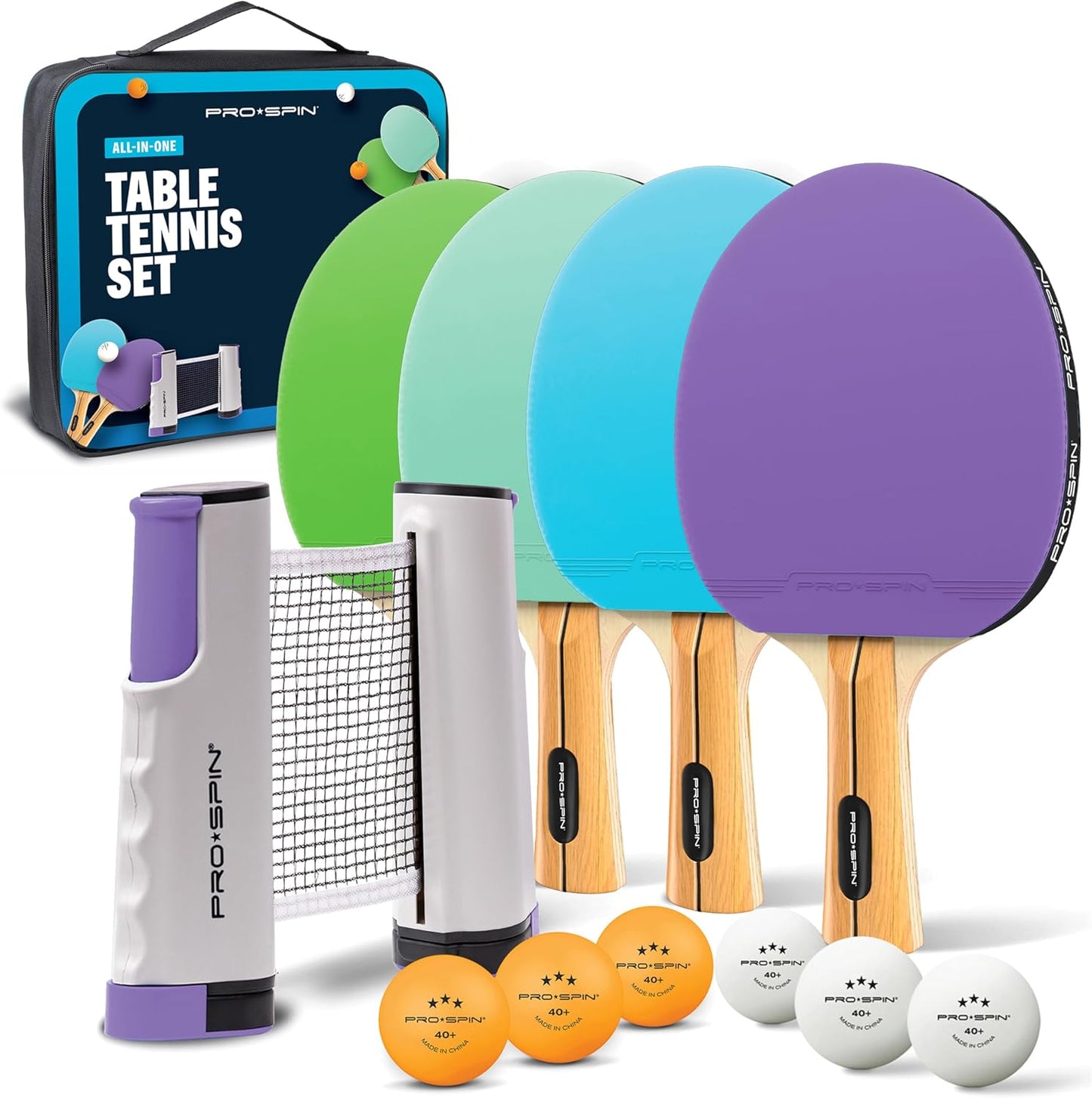 PRO SPIN All-in-One Ping Pong Set - Retractable Ping Pong Net for Any Table (72"), Ping Pong Paddles and Balls, Storage Case - Portable Table Tennis Family Games, Gifts for Boys & Girls