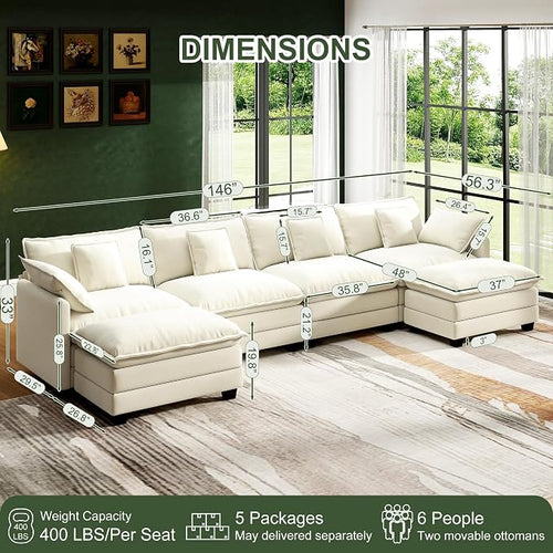 146" Cloud Couch Sectional, U Shaped Modular Sectional Sofa, 4-Seat Deep Seat - Image 2