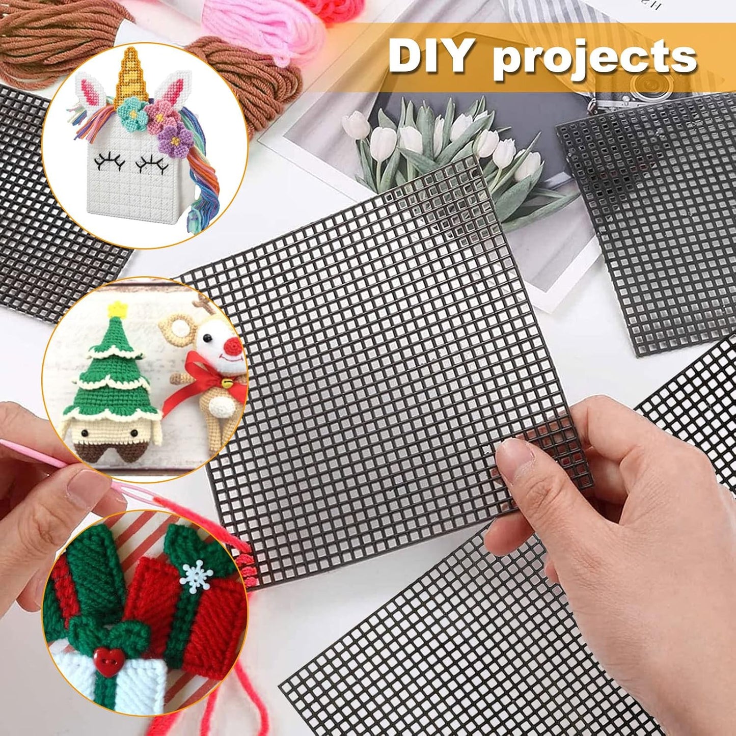 12PCS Plastic Mesh Canvas Sheets, 20x13 Inch Plastic Mesh Sheets for Crafts, Black Plastic Canvas and Embroidery Tools for Embroidery Crafting Knit