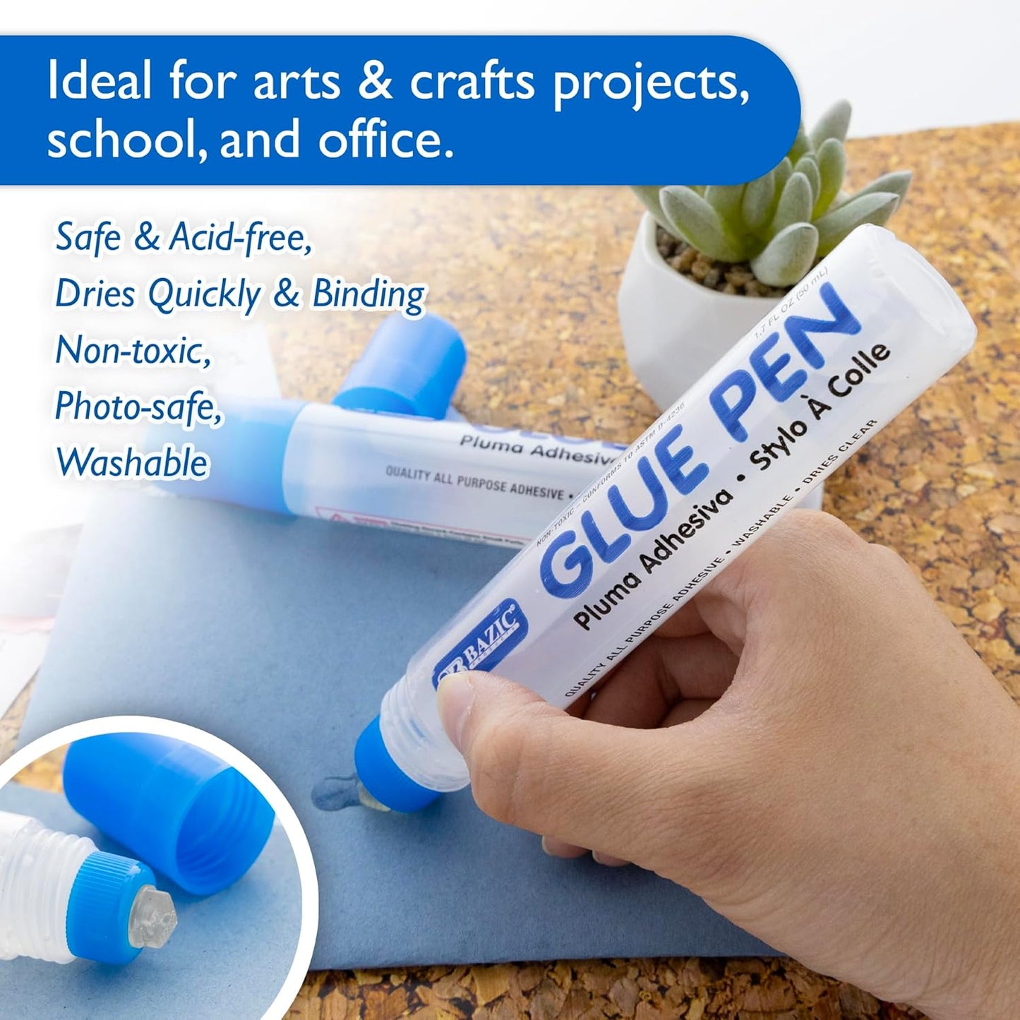 BAZIC Products Washable Glue Pen 1.7 Oz. (50 mL), Liquid Clear Glues Bond Adhesive for Art Crafts Project at School Home Office (2/Pack), 1-Pack