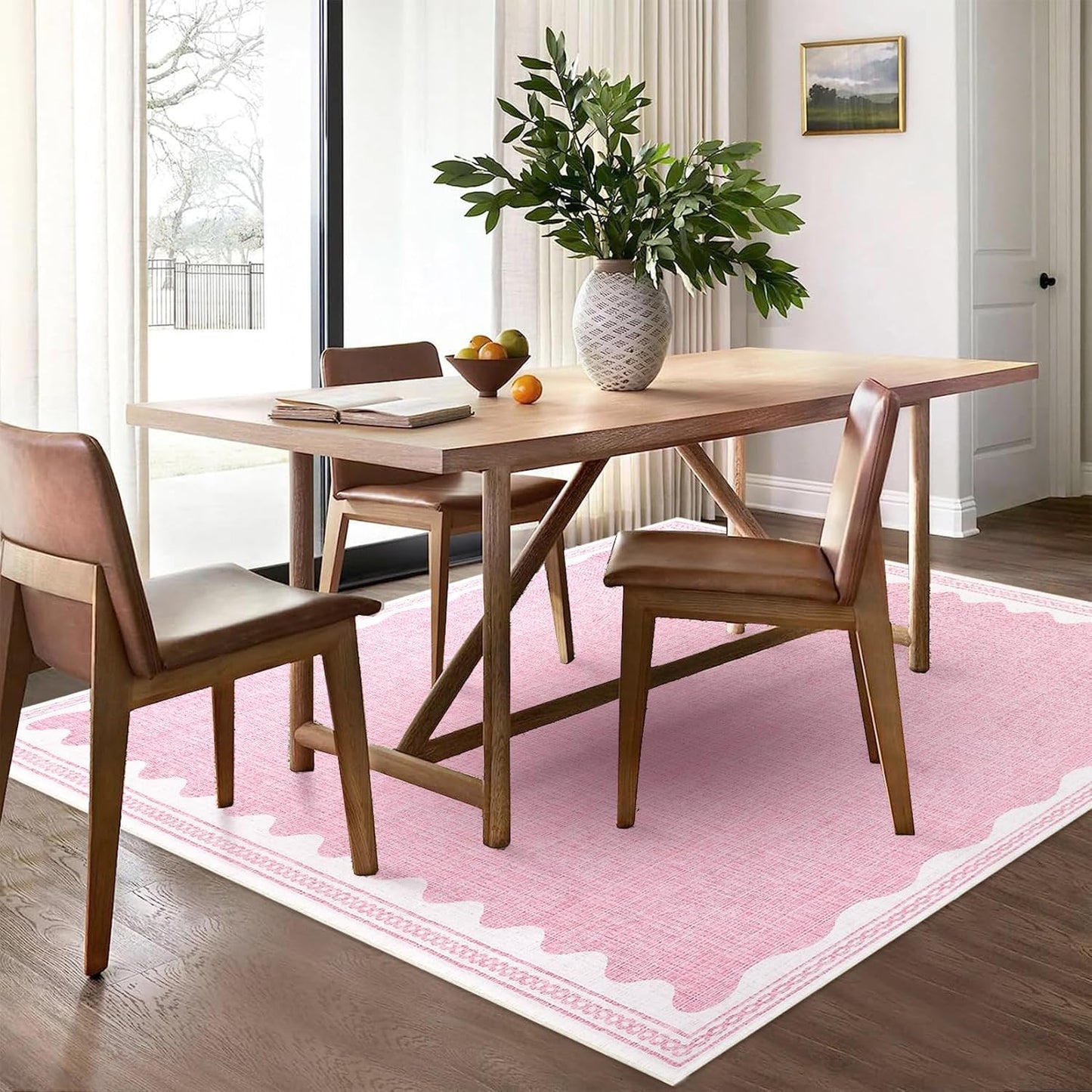 Scalloped Washable Rug 9x12 Area Rugs for Living Room, Solid Pink Rug for Bedroom Girls, Non Slip Throw Mat with Rubber Back, Soft Dorm Nursery 9x12 Carpet for Dining Room