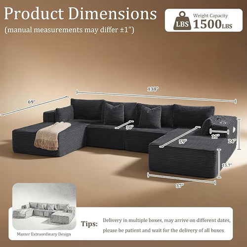 138" Cloud Sectional Couch, Comfort U Shaped Sofa - Image 2