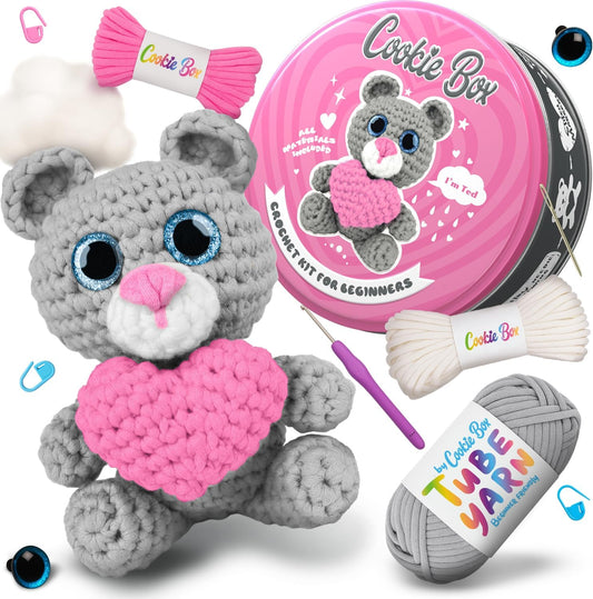 Cookie Box Crochet Kit for Beginners – Gift Set to Make Bear Ted Amigurumi Plushie – Easy DIY Crochet & Knitting Starter Kit with Video and PDF Tutorials
