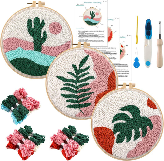 Anidaroel 3 Sets Punch Needle Kits - Beginner Adults Kit with Fabric, Hoops, Yarns and Sewing Needles