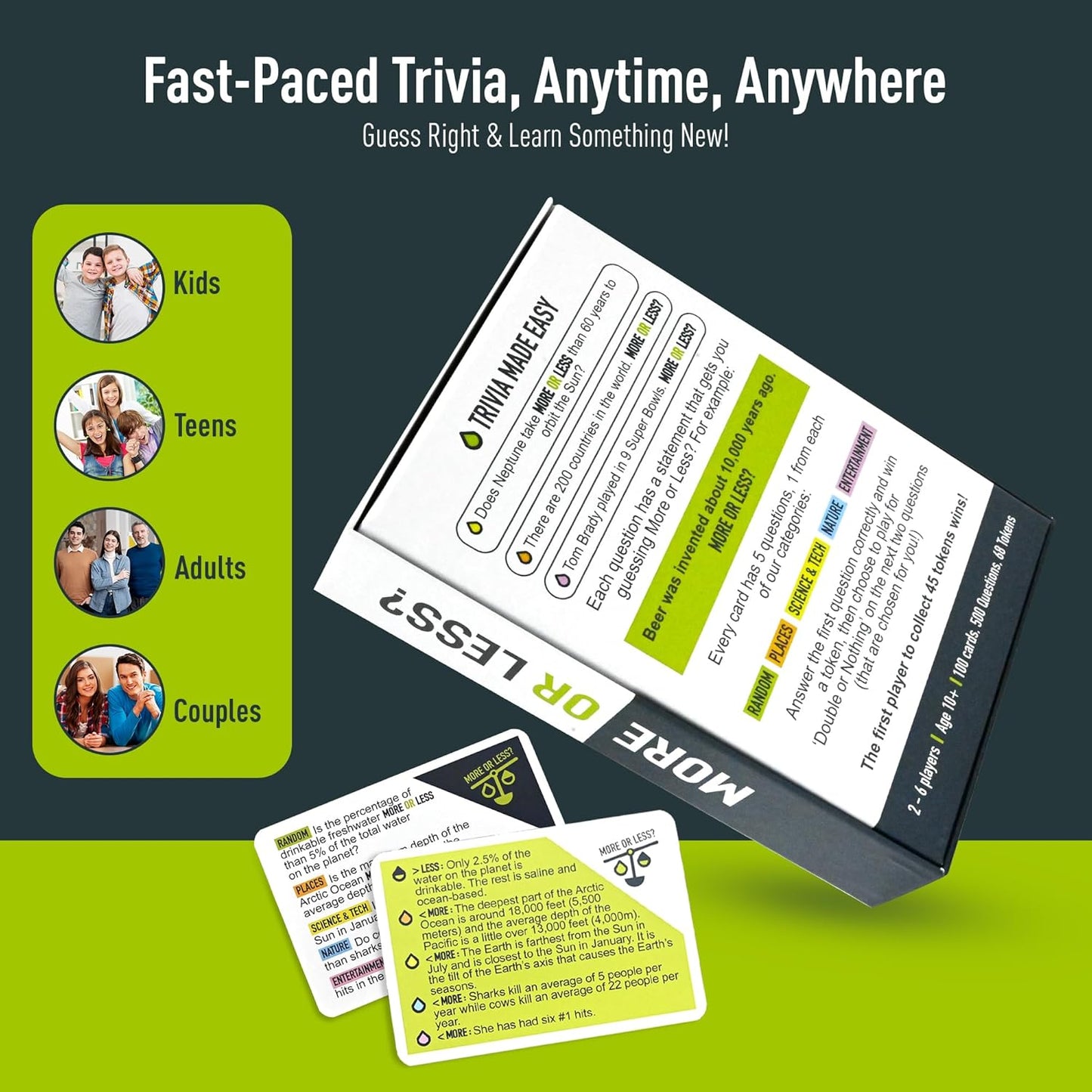 More Or Less? Trivia Card Game - Compact & Fun - Ideal for Travel, Families, Game Nights 5 Trivia Categories: Random, Places, Science & Tech, Nature and Entertainment