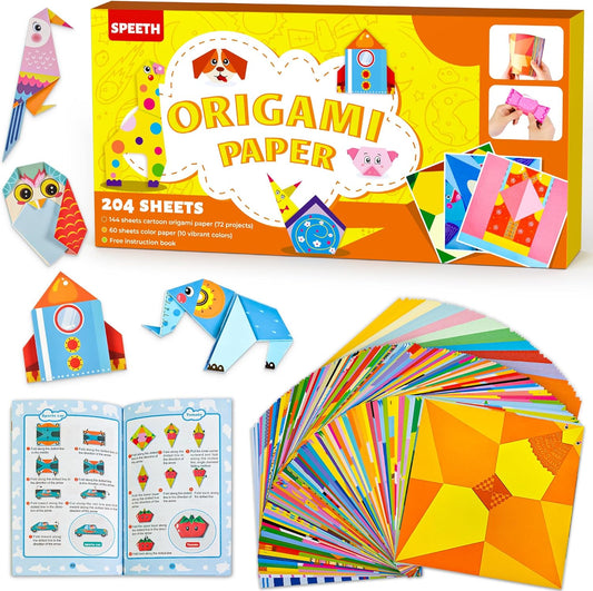 Craft Origami Paper for Kids,204 Sheets Colorful Folding Paper with 72 Patterns and Guiding Book Art Projects Kit for 5-12 Years Old Girl Boy Teen Birthday Christmas Present Preschool Educationa