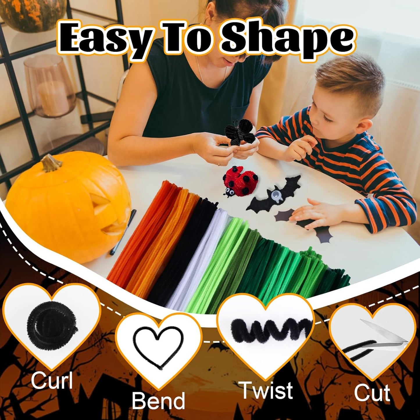 Pipe Cleaners Craft Supplies, Halloween Pipe Cleaners Bulk, 500 Pieces 12 Inch Fuzzy Chenille Stems Sticks Set for Festival Decorations Projects, Creative Arts and Crafts for Kids and Adults