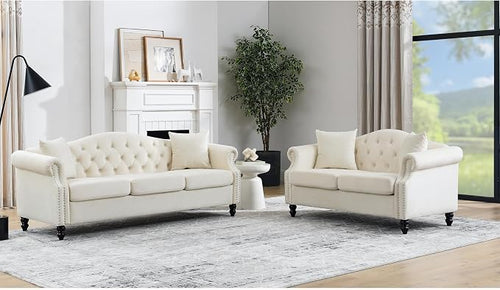 2 Piece Beige Velvet Chesterfield Sofa Set by Unknown