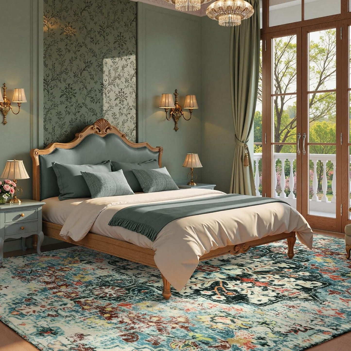 Lahome Area Rugs 9x12 Living Room Boho Washable Rugs 9x12,Large Boho Rugs for Bedroom Dining Room,Floral Soft Non-Slip Printed Low Pile Throw Indoor Floor Carpet for Nursery Kids Playroom(9x12ft,Teal)