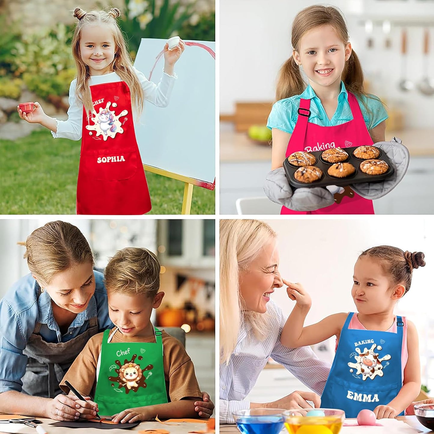 Personalized Kids Chef Hat and Apron, Custom Name Adjustable Cooking Apron for Cooking Baking Painting