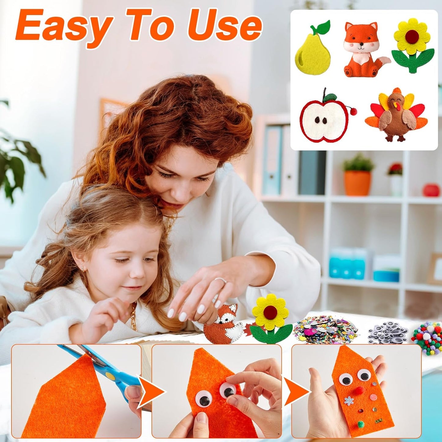 42Pcs Fall Felt Fabric Sheets 8 x 12 Inch Autumn Yellow Orange Assorted Soft Thick Felt Pack with Wiggle Google Eyes Pom Poms Glitter Patchwork for Thanksgiving DlY Sewing Creative Art Project Decor