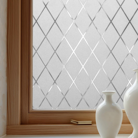 Window Privacy Film Decorative for Front Door, Bathroom Static Cling Stained Glass Sticker Opaque Heat Control UV Blocking Non-Adhesive for Home,Grid 35.4 x 78.7 inches