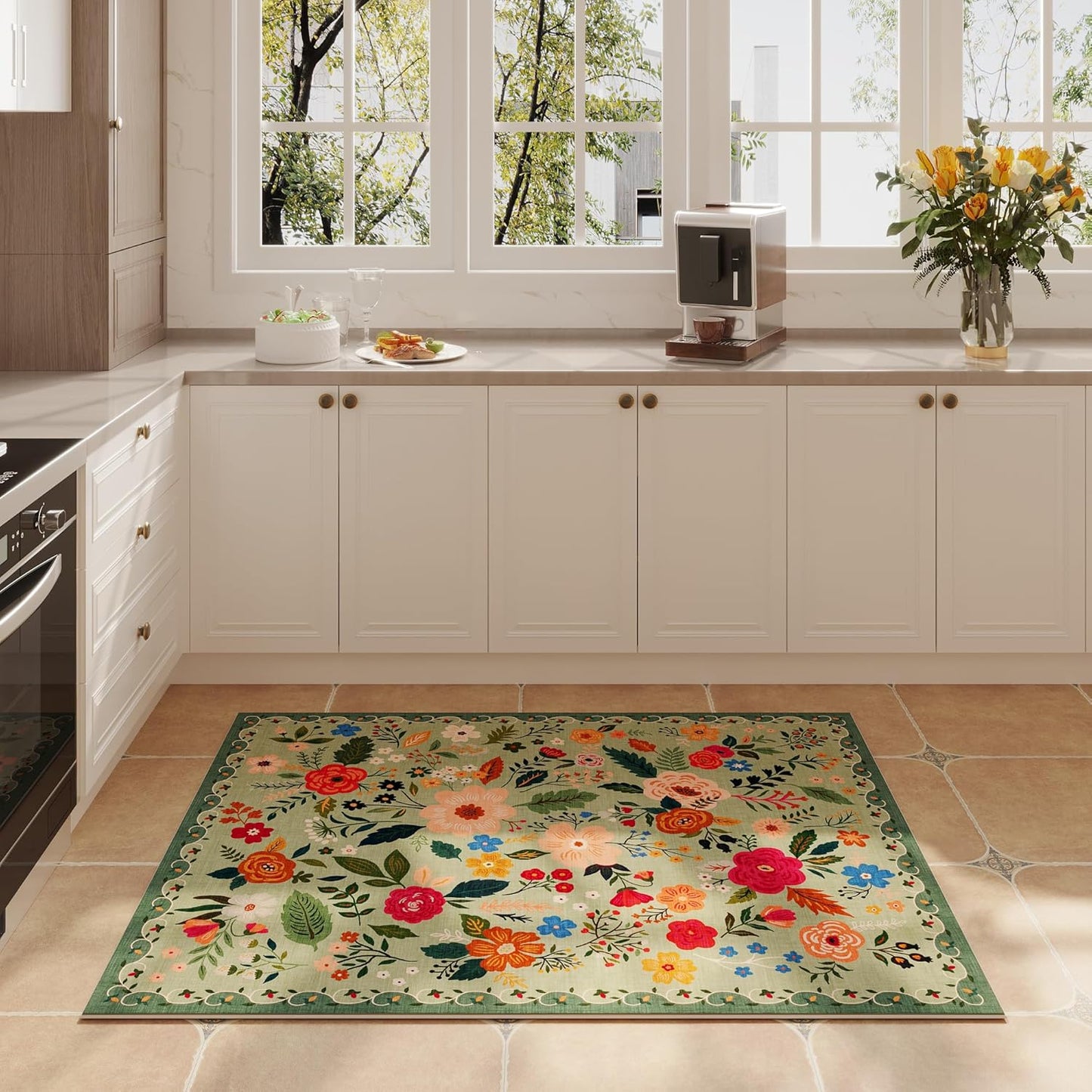 Rugcomf Door Mat Indoor Entrance 2x3 Rug Machine Washable Boho Floral Small Area Rug Non-Slip Low Pile Throw Rugs for Entryway, Kitchen, Front Door Indoor Entrance, Entry, Kids Room (Green)