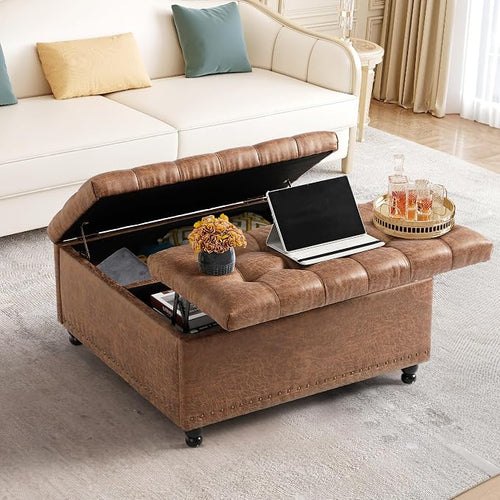 36" Large Square Ottoman with Storage, Tufted Upholstered Storage Ottoman with by UTOASIS