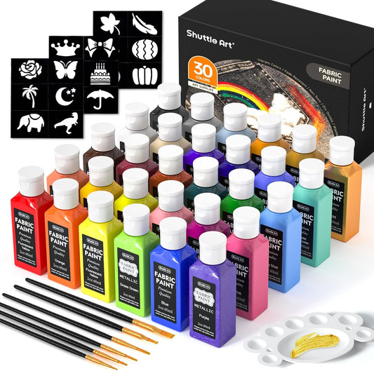 Fabric Paint, Shuttle Art 30 Colors Permanent Soft Fabric Paint in Bottles (60ml/2oz) with Brushes, Palette, Stencils, Non-Toxic Textile Paint for T-shirts, Shoes, Jeans, Bags, DIY Projects&Art Crafts
