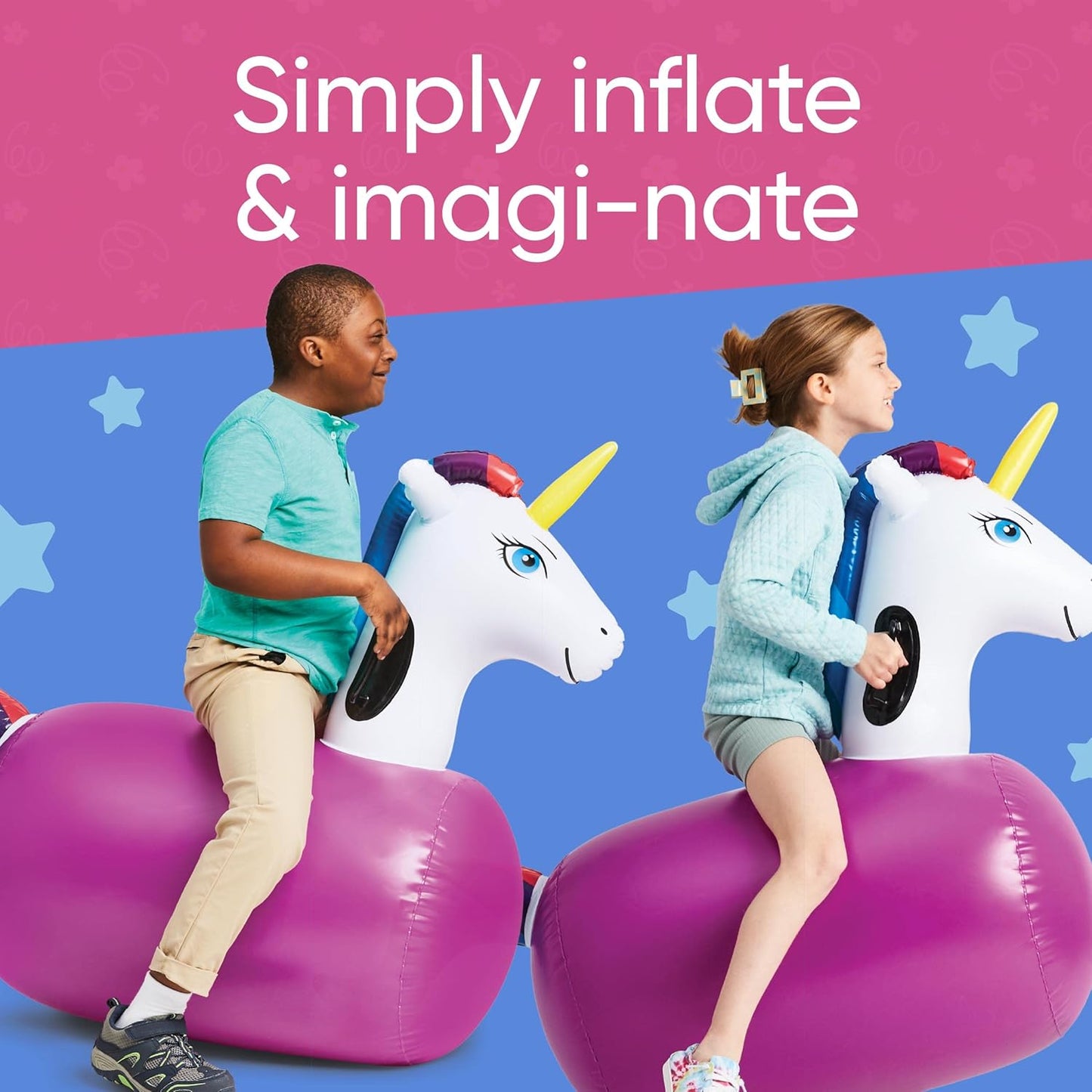 Hearthsong Hop N Go Inflatable Unicorn Riding Bouncy Hopping Toys for Kids Ages 5+ - Ride On Bouncer Animal Hopper Jumping Toys for Outdoor Games (2 Pack)