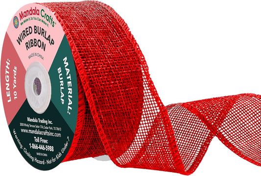 Mandala Crafts Red Burlap Wired Ribbon 1.5 Inches Wide Jute Ribbons for Crafts - 10 Yds Roll Rustic Burlap Wrap Trim Ribbons for Wreaths Bows Party Decoration