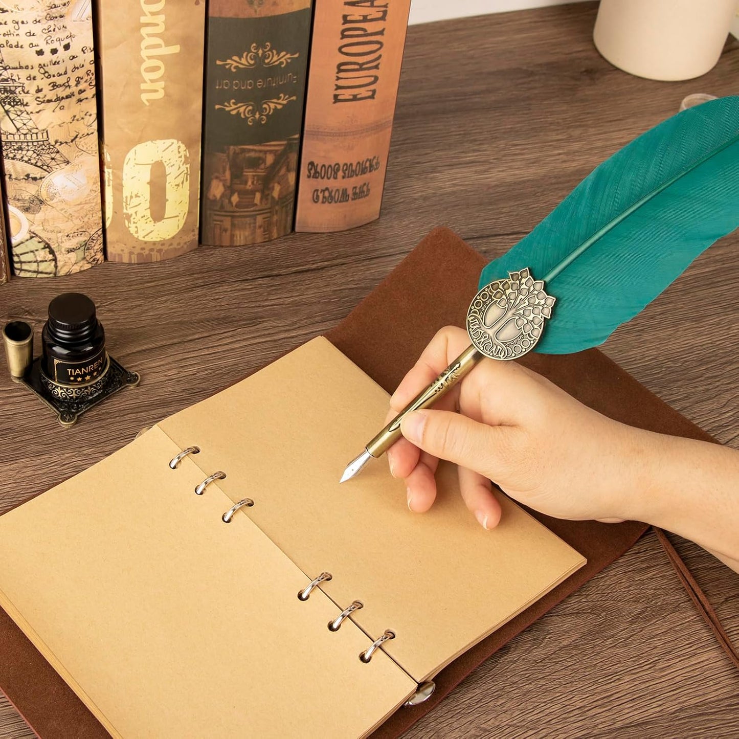 Quill pen ink set,Feather Pen and Ink Set,Antique Calligraphy Pen with 4 Replaceable Nibs,2 Bottle of ink,Feather Dip Pen Holder Christmas Gift for Men&Women.(Green)