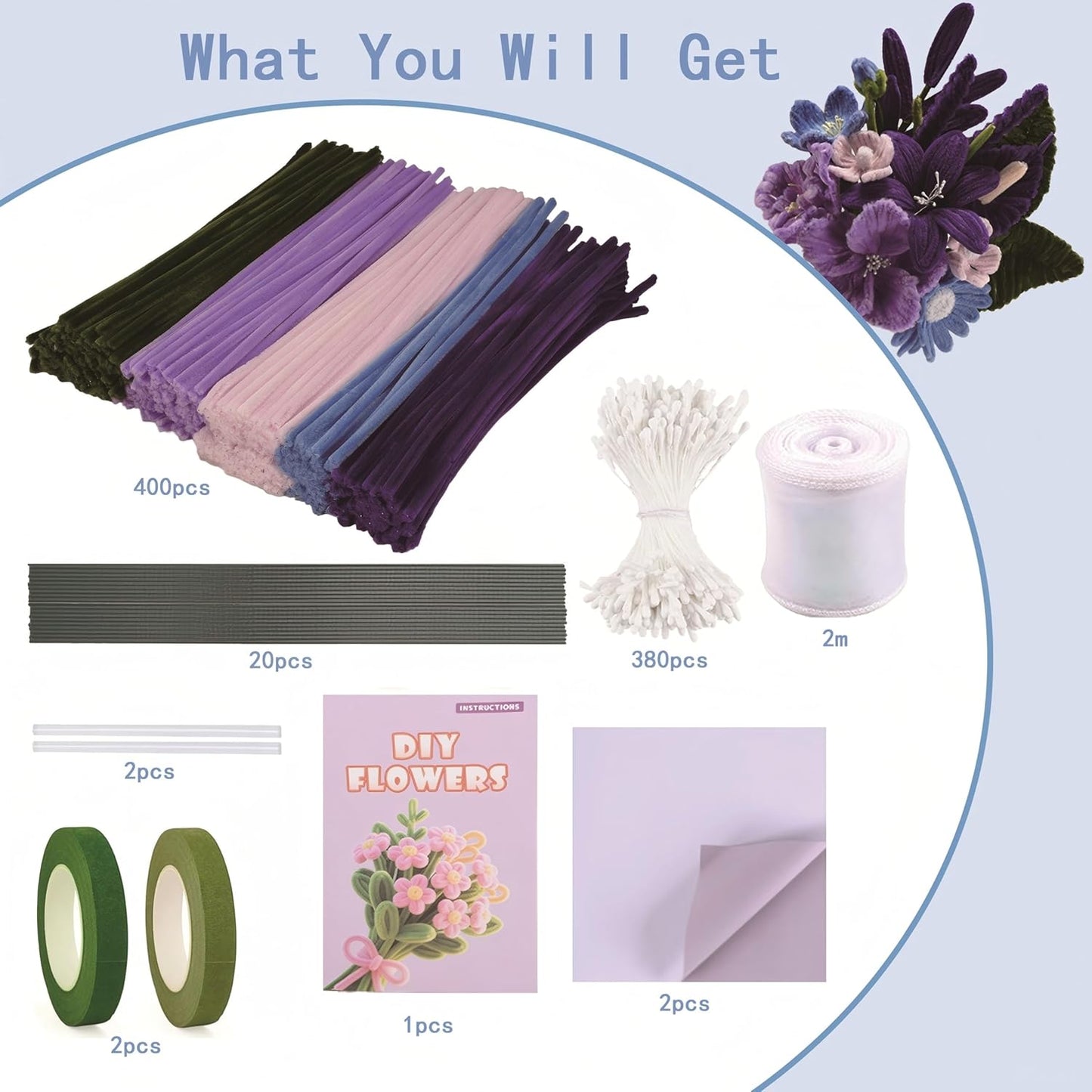 Pipe Cleaners Craft, 400pcs Pipe Cleaners with Flower Stems, Floral Tape, Ribbon, for Flower Bouquet DIY-Purple