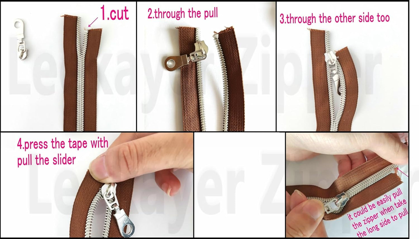Leekayer #5 Antique Brass Metallic Nylon Coil Zippers by The Yard Bulk 10 Yards White Zipper Tape with 25pcs Antique Brass Ring Pull Sliders for DIY Sewing Tailor Craft Bag(White)