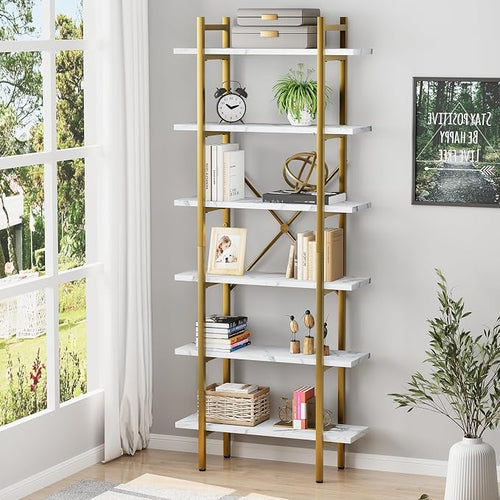 6 Tiers Bookshelf Organizer White Faux Marble Shelf, Modern Open Display by EternalHome