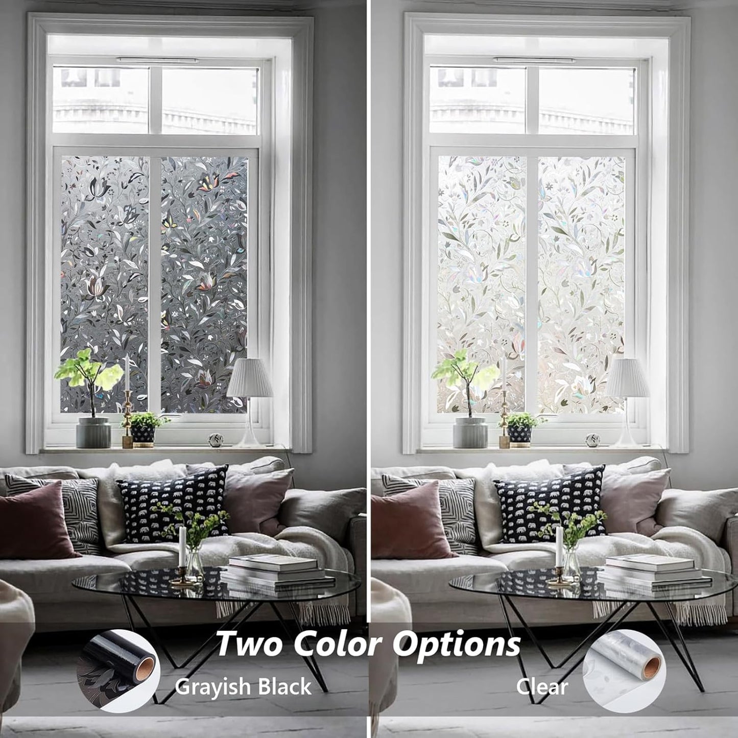 Kromapolis Window Film, Window Privacy Film Frosted, Vinyl Glass Covering, Stained Glass Decorative Film, Static Window Clings, Non-Adhesive (Grayish Black, 23.6 x 157.4 inch)