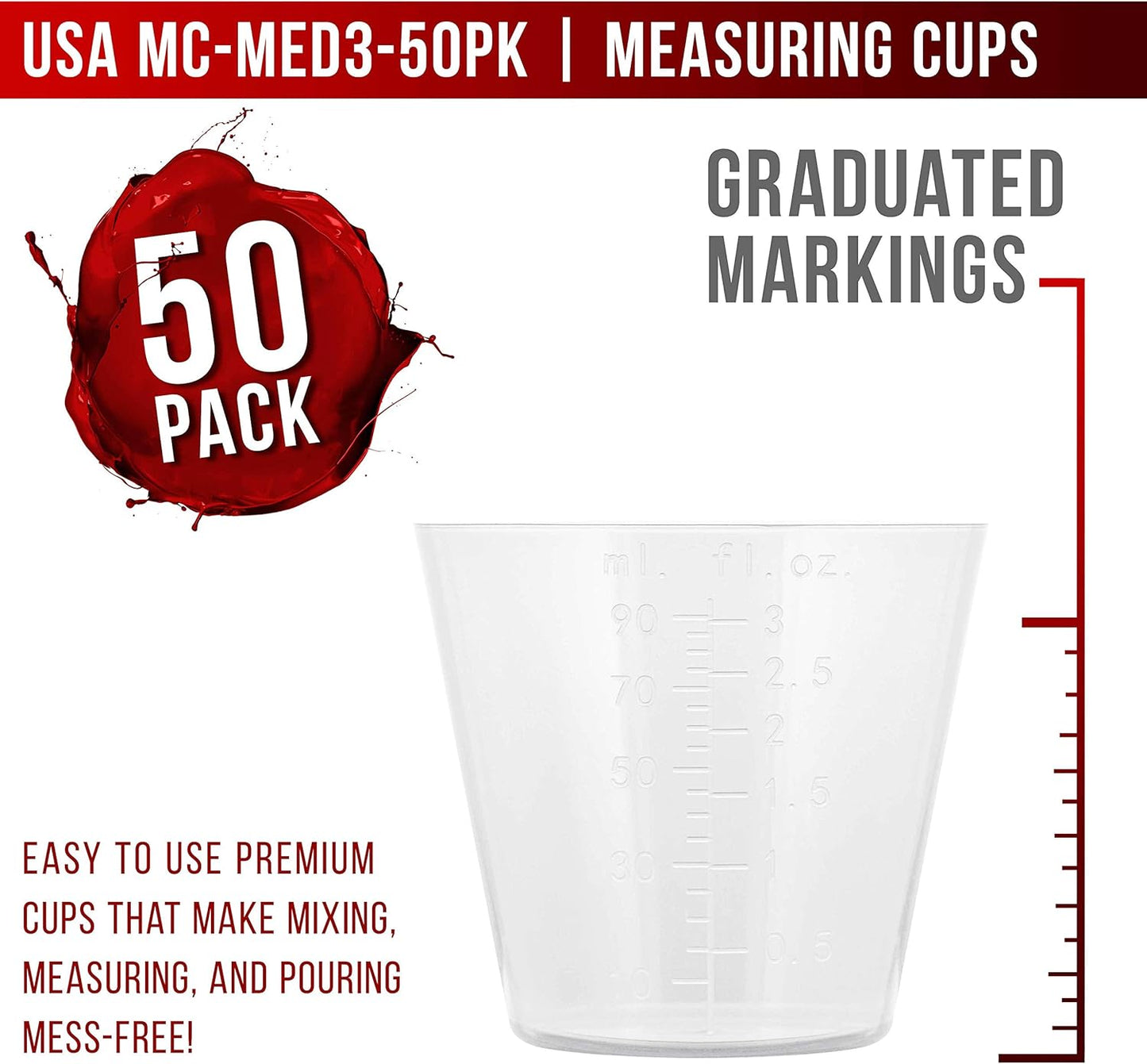 Pouring Masters 3 Oz (90 ml) Liquid Measuring Cups - Plastic Graduated Cup (50 Pack) with 25 Sticks - Reusable Mixing Cups for Paint, Craft, Kitchen, Lab, Medical Supplies, Epoxy Resin, Art