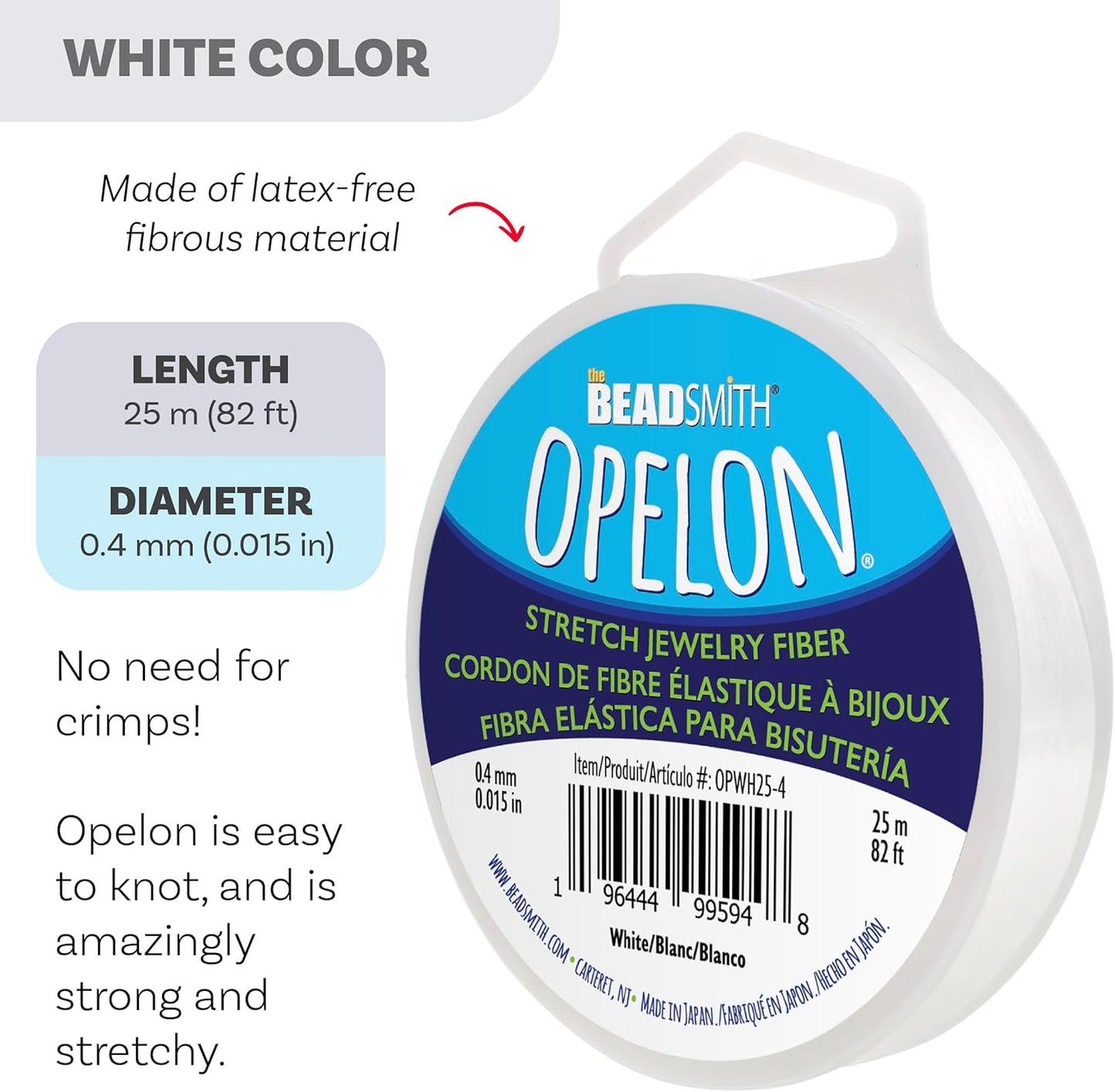 The Beadsmith Opelon Stretch Cord – Elastic Beading Fiber, White, 0.4 mm Diameter, 25 Meters (82 ft) Spool