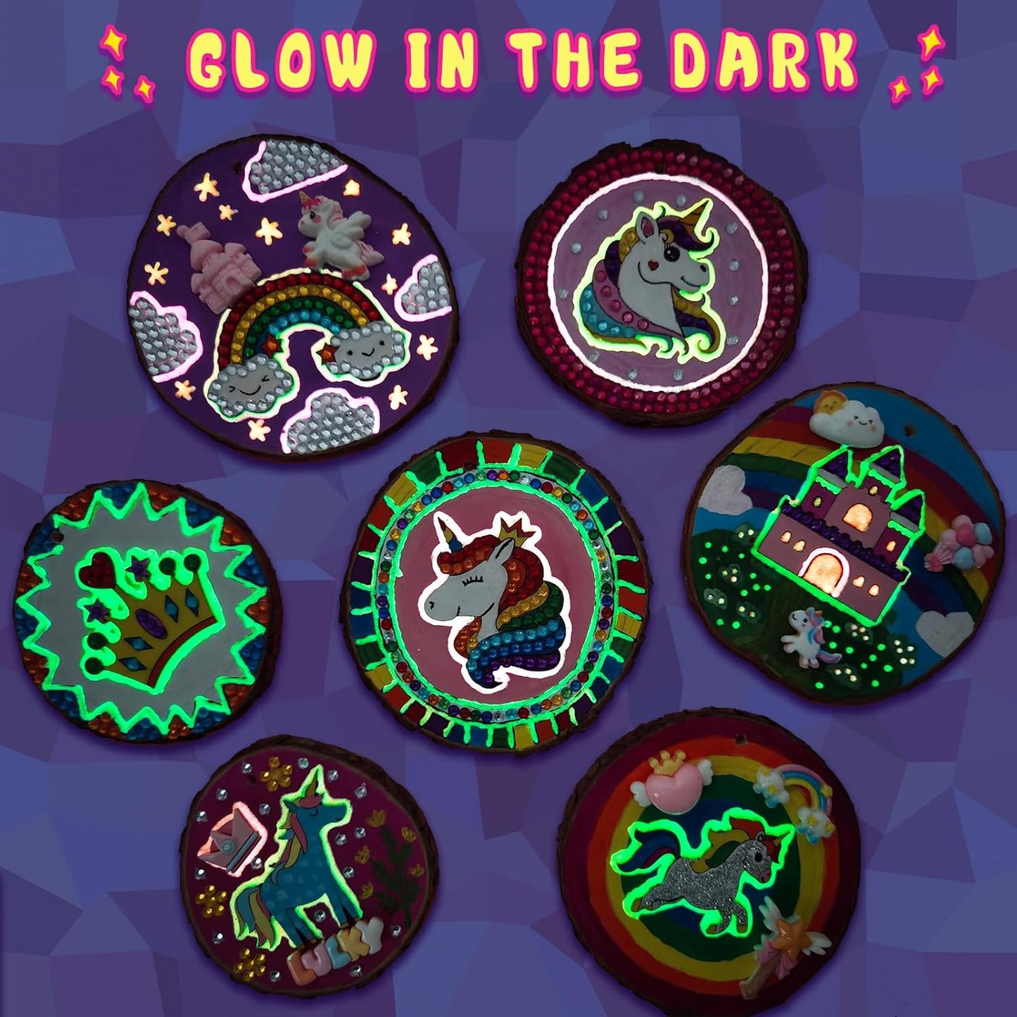 klmars Unicorn Themed Wooden Painting Kit-Glow in The Dark-Arts & Crafts Gifts for Kids Girls Ages 5-12-Wood Slice Craft Activities Kits -Unicorn Art Toys for Kids Christmas Gifts