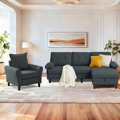 2PCS Sectional Sofa Set with Ottoman, Modern Linen 4 Seater Couch Set with Side by PingLiangHome