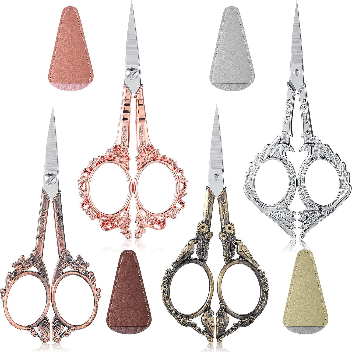 Zhehao 4 Pcs Sewing Embroidery Scissors with Artificial Leather Cover Sewing Stainless Vintage Embroidery Scissors for DIY Needlework Art Manual Handicraft (Retro)