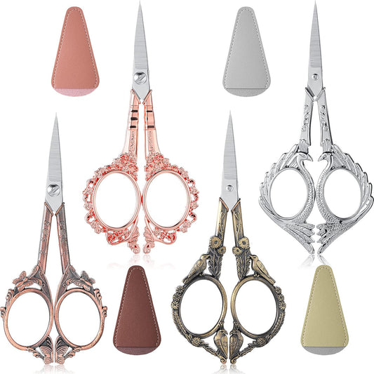Zhehao 4 Pcs Sewing Embroidery Scissors with Artificial Leather Cover Sewing Stainless Vintage Embroidery Scissors for DIY Needlework Art Manual Handicraft (Retro)