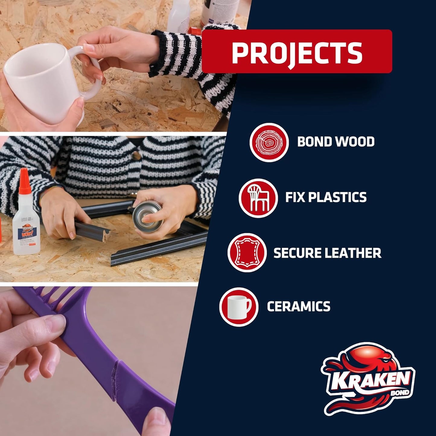 Kraken Bond Wow! CA Glue Set (4x3.5 oz) with Activator (2x13.5 oz) –Super Fast Cyanoacrylate Adhesive Kit for Wood, Plastic, Ceramic, Craft -DIY Repair –4 X Ext. Bottles & 10X Nozzles Inc. 2 Pack