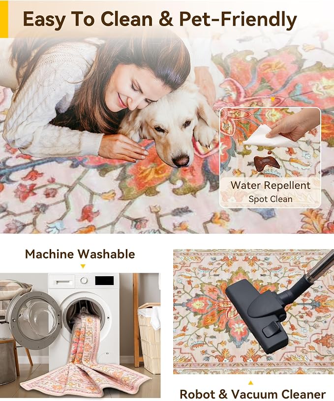 RELEANY Area Rugs Square 4ft Washable Non-Slip, Floral Vintage Distress Print - Image 3