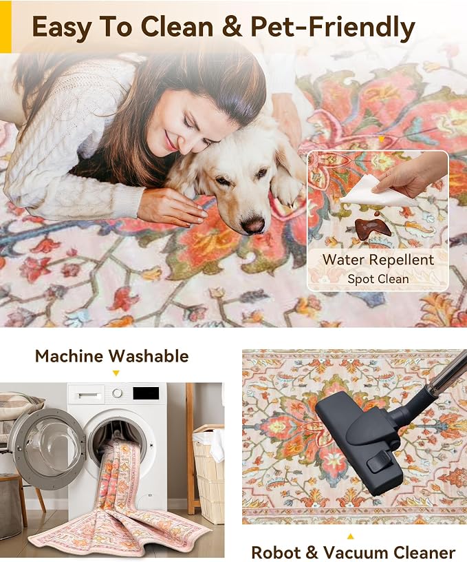 RELEANY Area Rugs 3'x5' Washable Non-Slip, Floral Vintage Distress Print - Image 4
