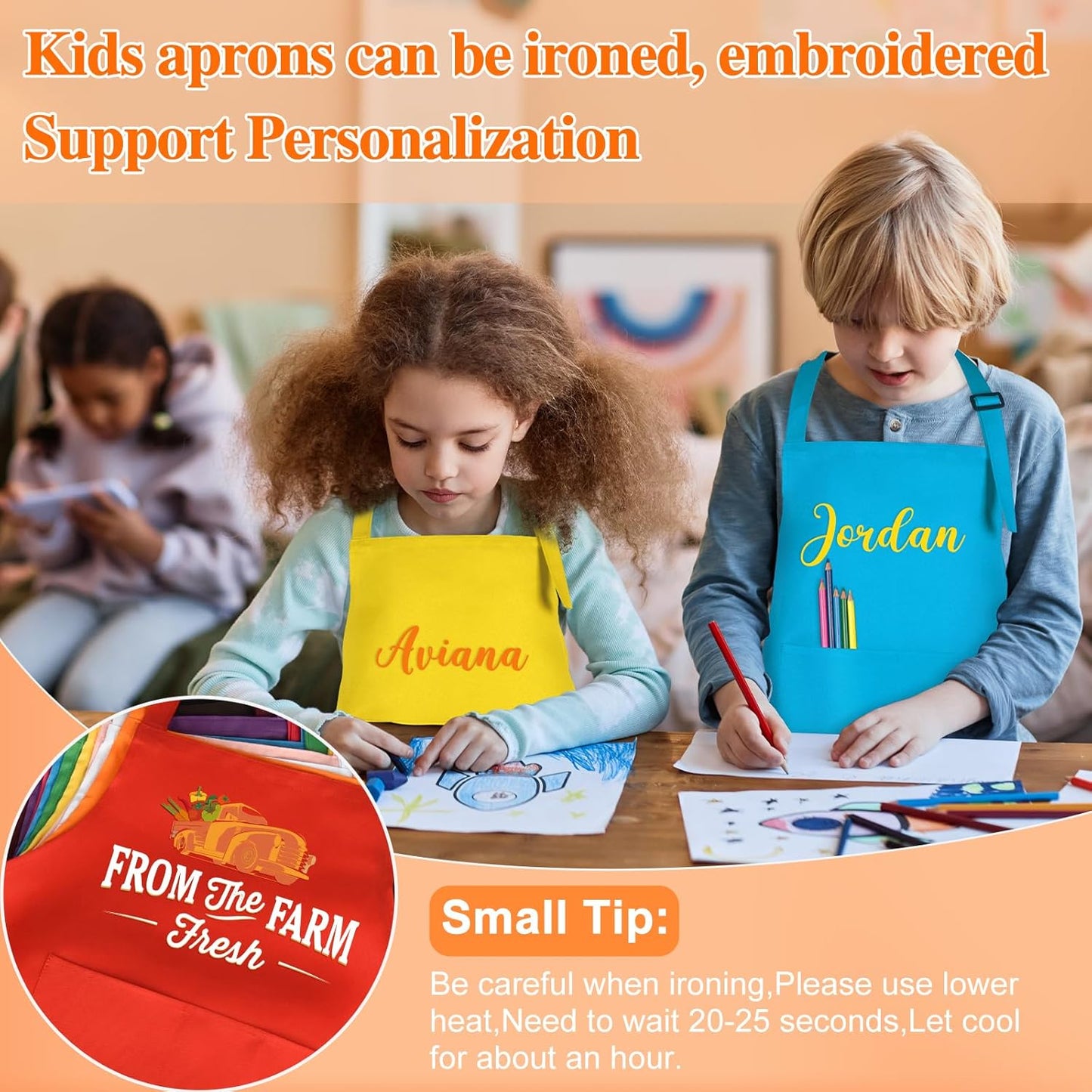 24 Pack Kids Apron bulk with 2 Pockets Adjustable Chef Art Apron Kids Painting Aprons for Cooking Baking Painting Crafting Grilling Activity（12 Color）