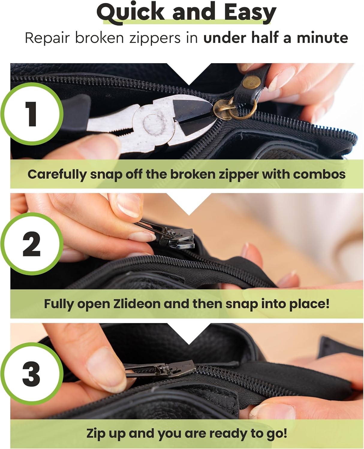 ZlideOn Zipper Pull Replacement - 5pcs, Black, Normal - Instant Zipper Replacement Slider Multipack