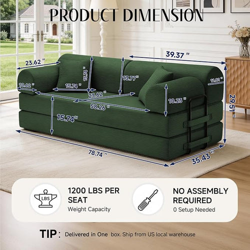 79'' Convertible Sofa Bed, 6 in 1 Folding Floor Futon Couch Sleeper - Image 2