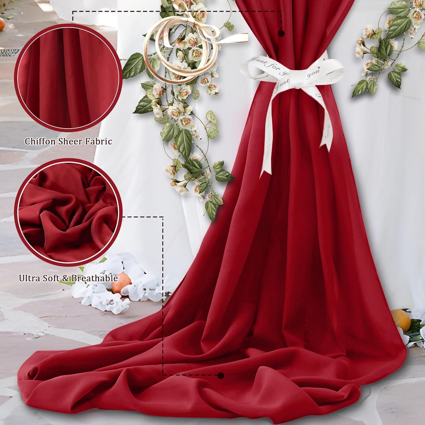 Horbaunal Burgundy Chiffon Fabric by The Yard, 10 Yard Continuous Sheer Fabric 59" Wide Soft Draping Fabric for Wedding Arch Draping Party Backdrop DIY Sewing