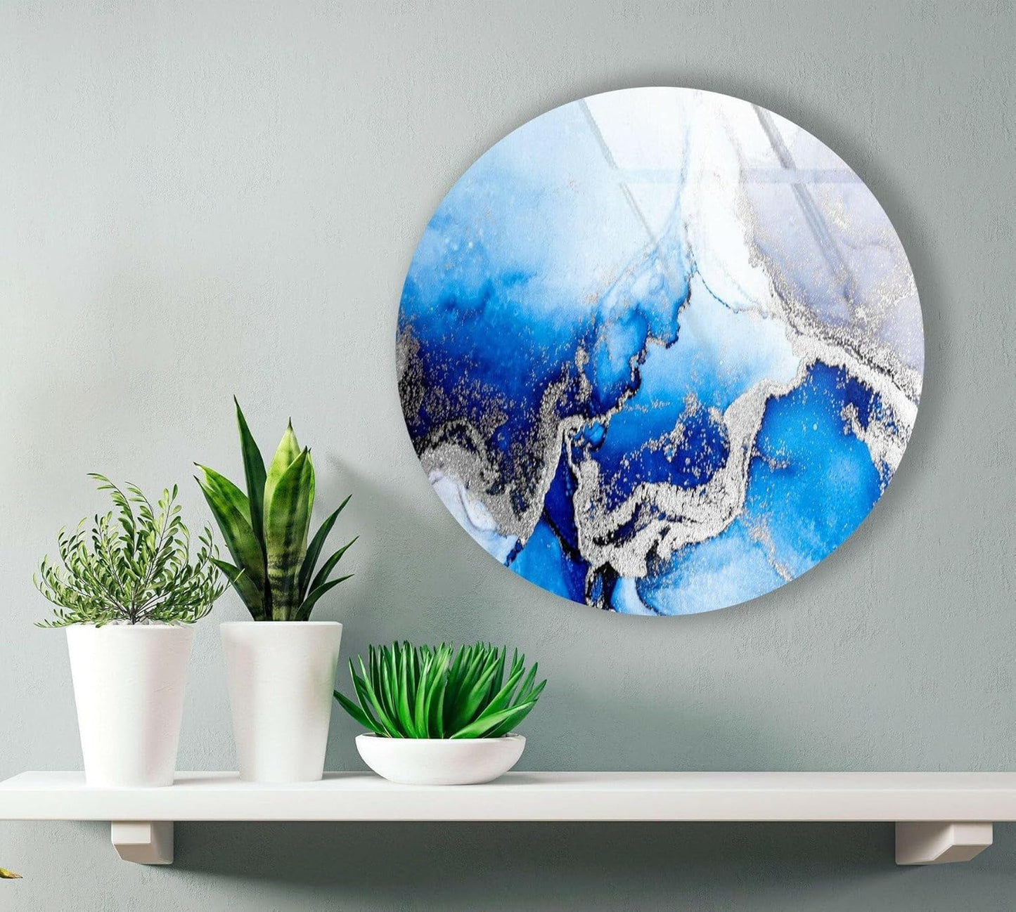 My Photostation.com 10''(25cm) Diameter Blue Marble Round with Silver Details Glass Wall Art Tempered Glass Printing Wall Decor Large Wall Art Wall Hangings