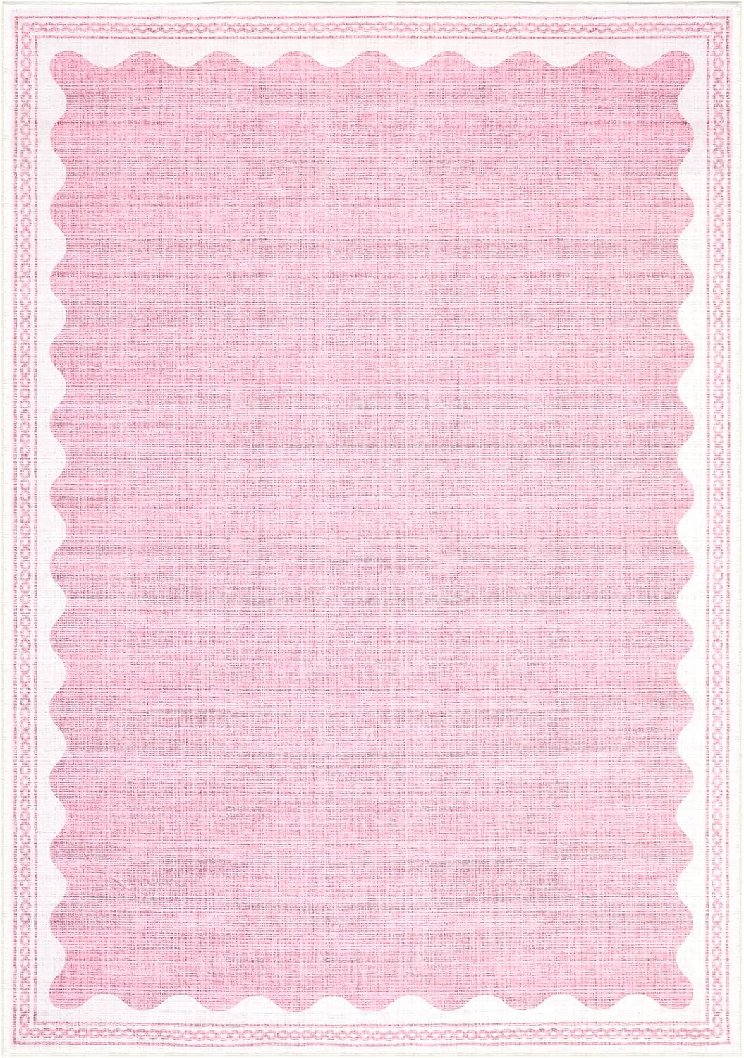 Scalloped Rug 4x6 Rugs for Entryway, Small Area Rugs Solid Pink Rug for Bedroom Girls, 4x6 Washable Rugs for Living Room, Non Slip Scalloped Bath Mat, Soft Dorm Nursery Carpet for Bedside