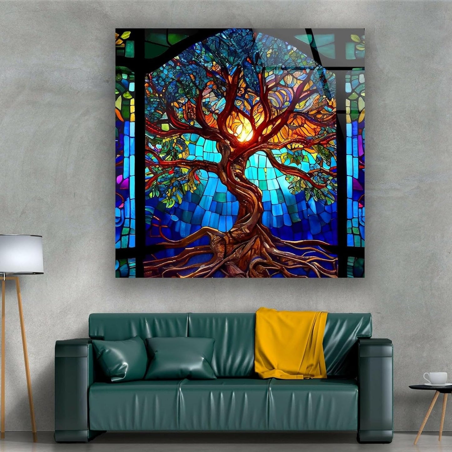 My Photostation.com 48Wx32H'' Stained Blue Life of Tree Glass Wall ArtTempered Glass Printing Wall Decor Large Wall Art Wall Hangings