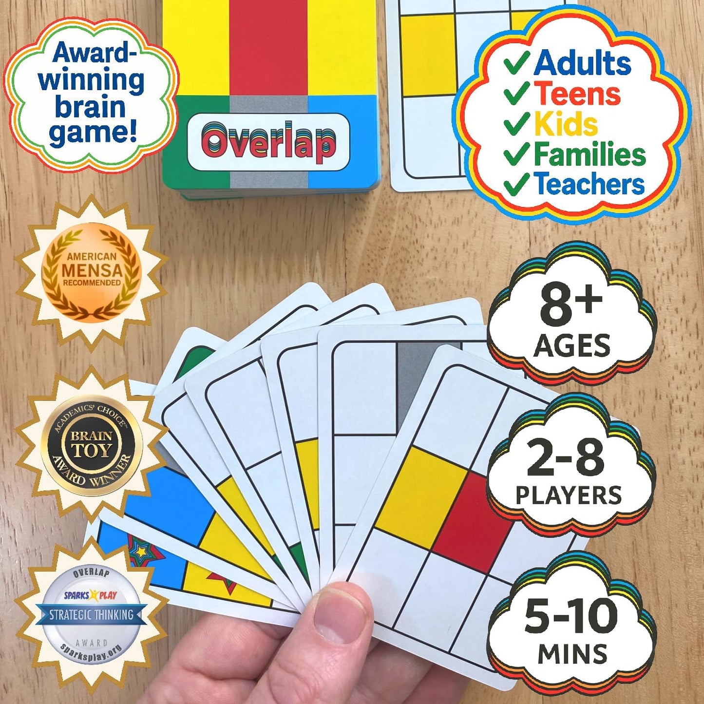 Overlap - Award-Winning Deceptively Simple Strategy Card Game for Adults and Families - 2 Player Game or Up to 8 Players - Easy to Learn - Mensa Recommended Brain Game