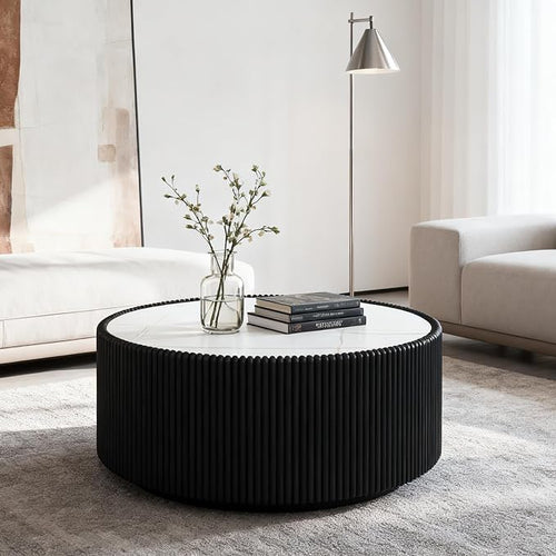 29.52" Round Marble Coffee Table, Modern Fluted Coffee Table w/White Sintered by Henf